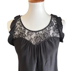 Y2K Black Silk Sleeveless Blouse – Lace Yoke & Ruffle Trim – Size S